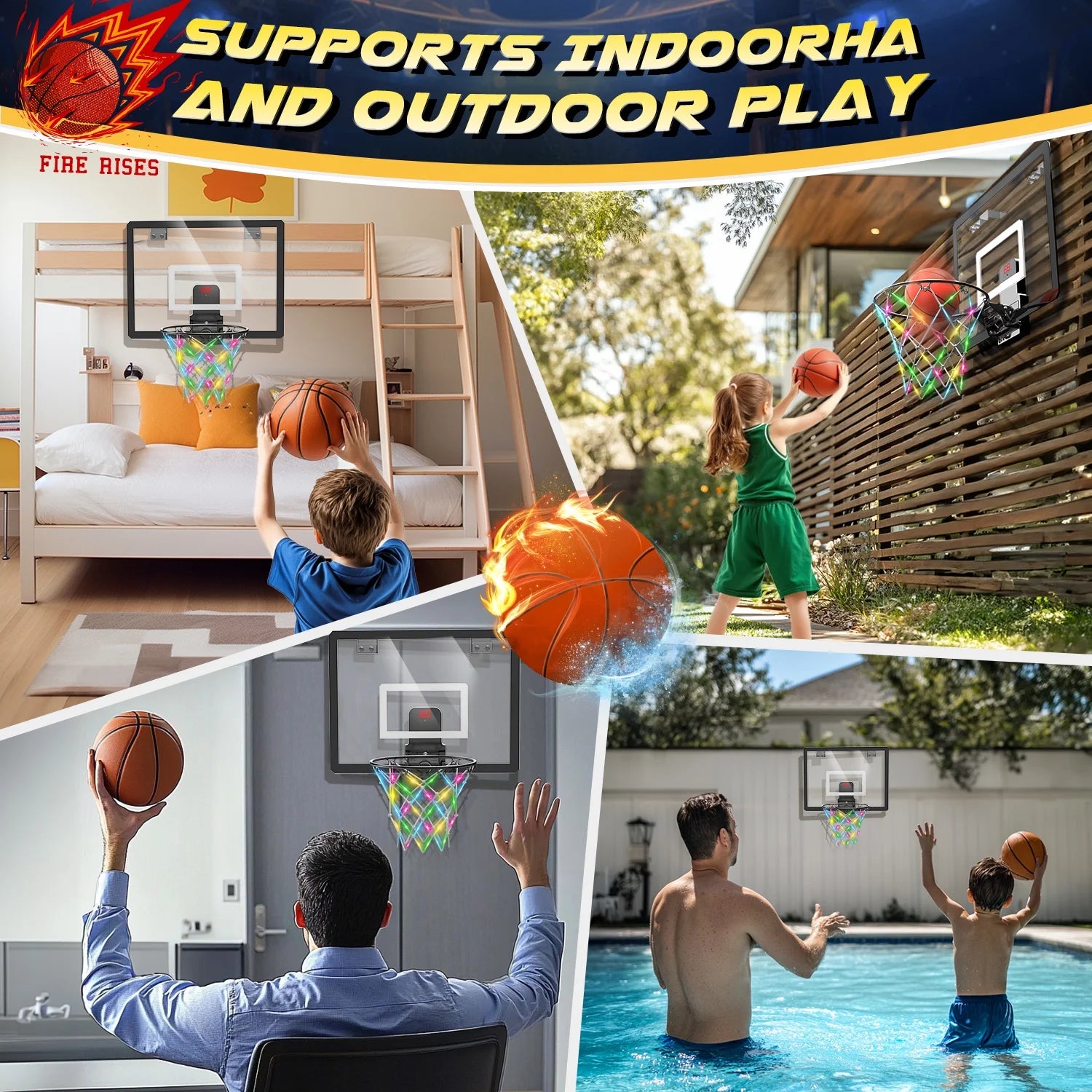 Mini Basketball Hoop for Kids，Led Light-Up Net & Electronics Scoreboard, Remote-Controlled Indoor Basketball Hoop for Wall with 4 Balls, Outdoor Kids Toys for Ages 5 to 13 , Black&Whit