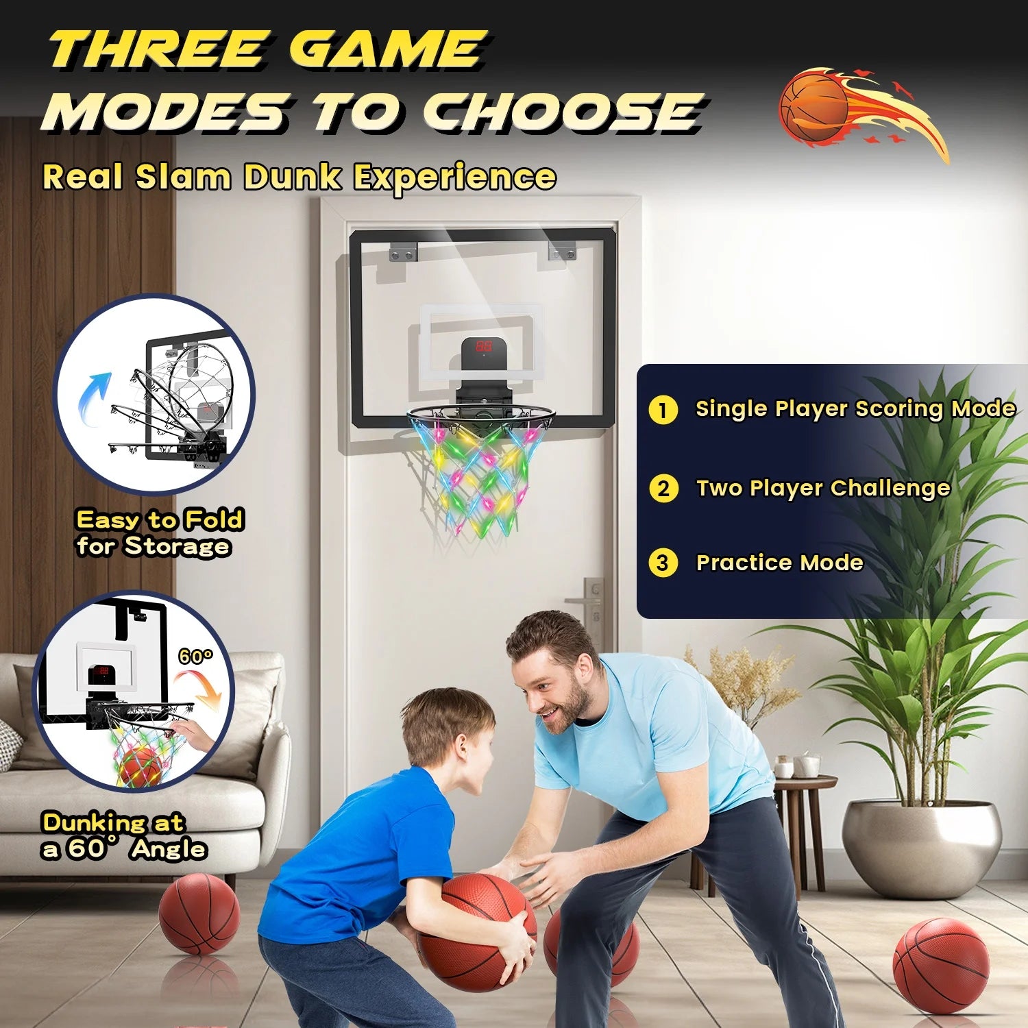 Mini Basketball Hoop for Kids，Led Light-Up Net & Electronics Scoreboard, Remote-Controlled Indoor Basketball Hoop for Wall with 4 Balls, Outdoor Kids Toys for Ages 5 to 13 , Black&Whit