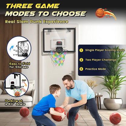 Mini Basketball Hoop for Kids，Led Light-Up Net & Electronics Scoreboard, Remote-Controlled Indoor Basketball Hoop for Wall with 4 Balls, Outdoor Kids Toys for Ages 5 to 13 , Black&Whit