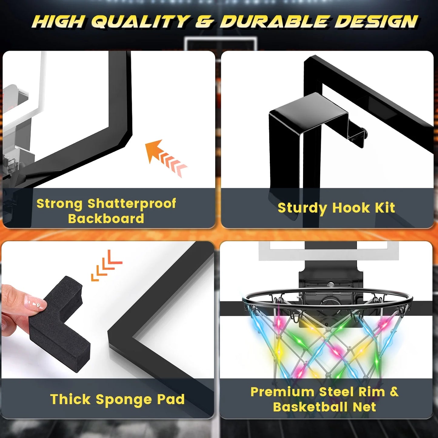 Mini Basketball Hoop for Kids，Led Light-Up Net & Electronics Scoreboard, Remote-Controlled Indoor Basketball Hoop for Wall with 4 Balls, Outdoor Kids Toys for Ages 5 to 13 , Black&Whit