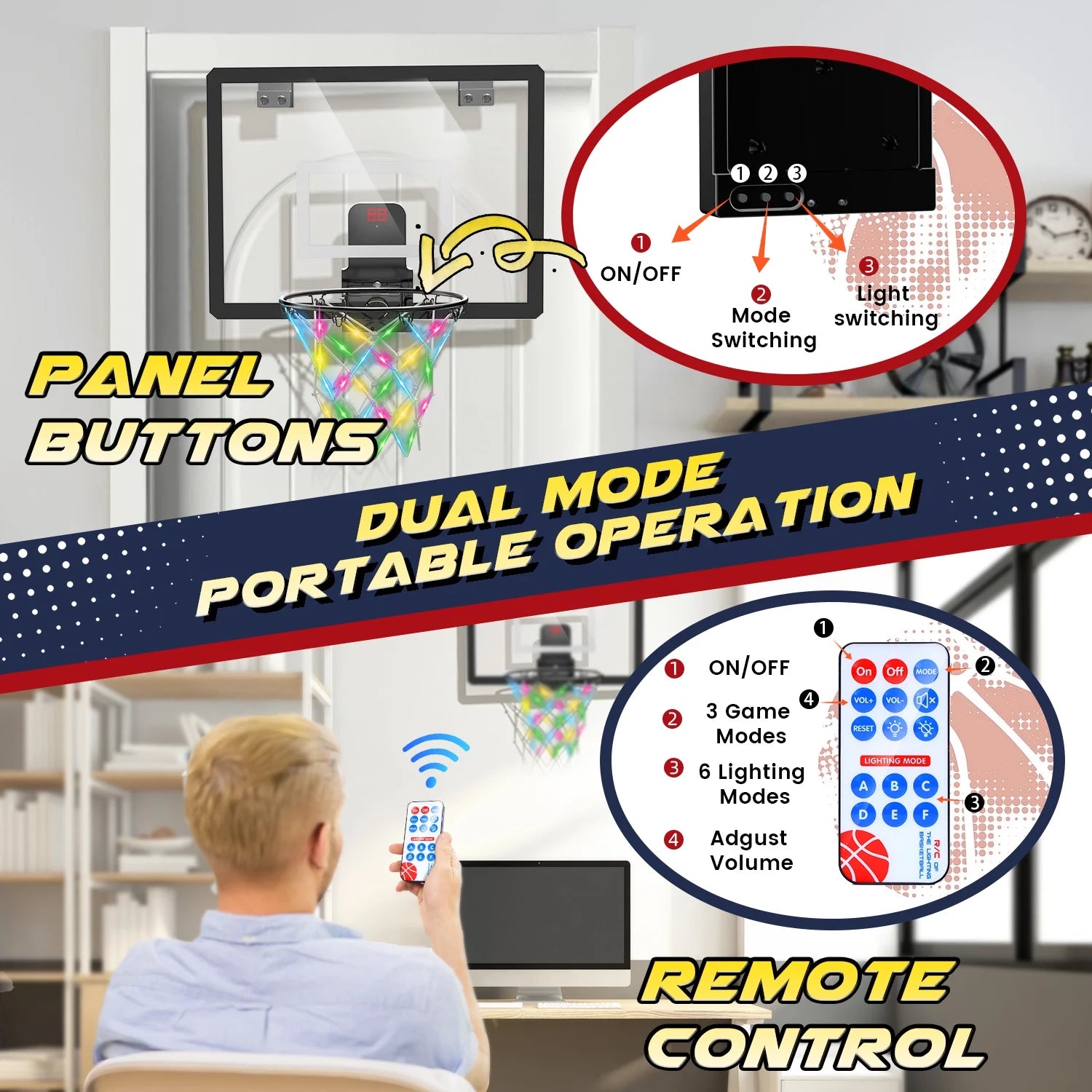 Mini Basketball Hoop for Kids，Led Light-Up Net & Electronics Scoreboard, Remote-Controlled Indoor Basketball Hoop for Wall with 4 Balls, Outdoor Kids Toys for Ages 5 to 13 , Black&Whit