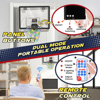 Mini Basketball Hoop for Kids，Led Light-Up Net & Electronics Scoreboard, Remote-Controlled Indoor Basketball Hoop for Wall with 4 Balls, Outdoor Kids Toys for Ages 5 to 13 , Black&Whit