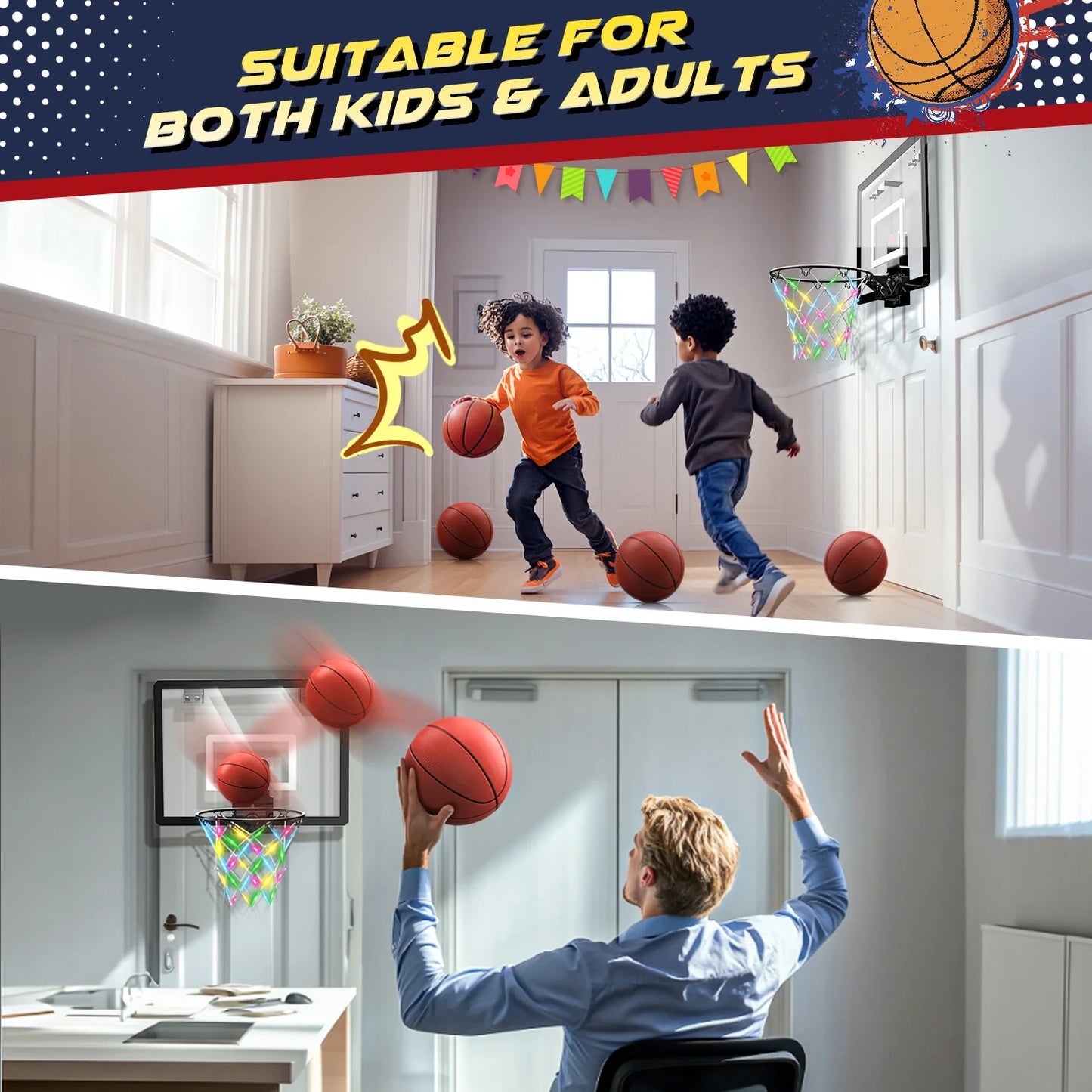 Mini Basketball Hoop for Kids，Led Light-Up Net & Electronics Scoreboard, Remote-Controlled Indoor Basketball Hoop for Wall with 4 Balls, Outdoor Kids Toys for Ages 5 to 13 , Black&Whit