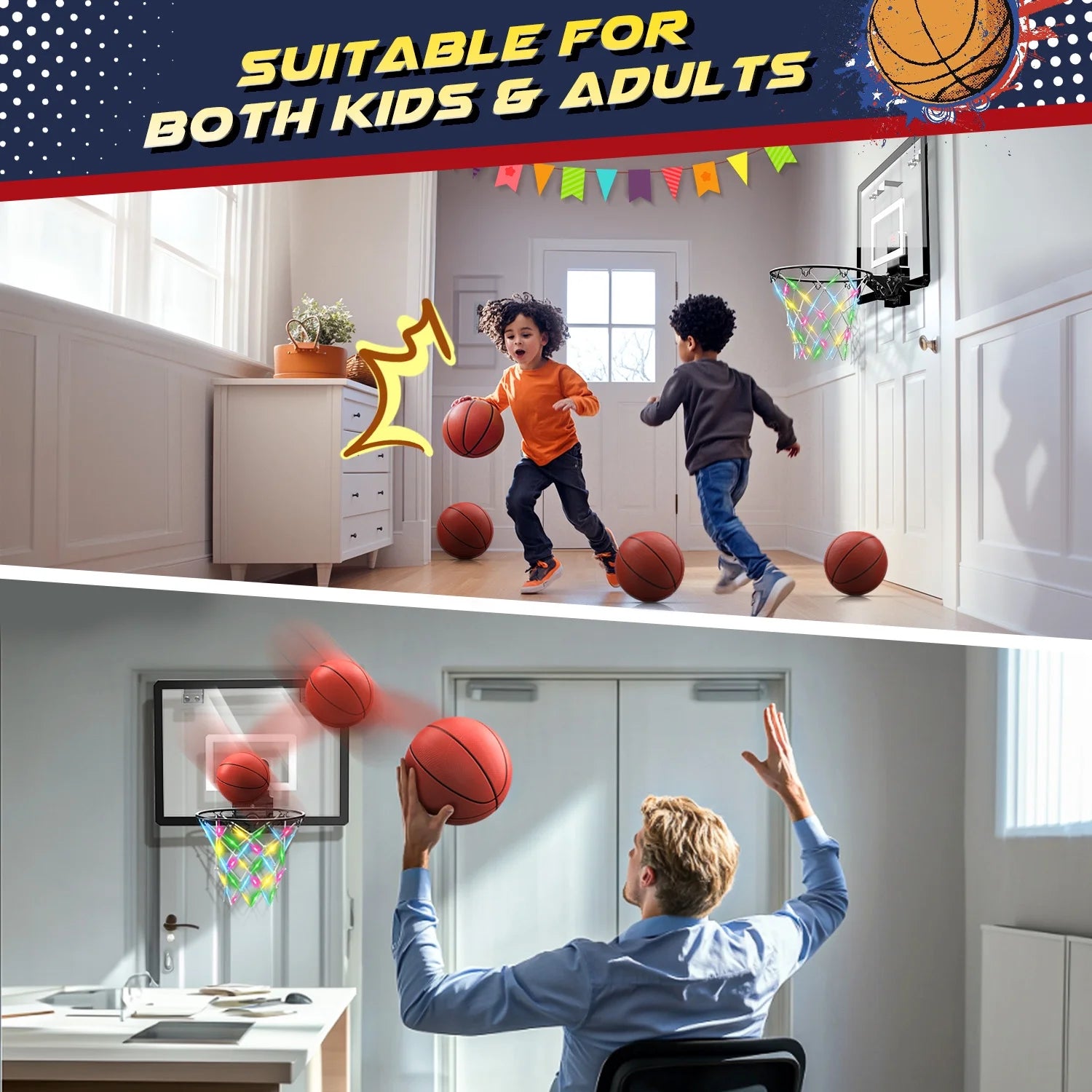 Mini Basketball Hoop for Kids，Led Light-Up Net & Electronics Scoreboard, Remote-Controlled Indoor Basketball Hoop for Wall with 4 Balls, Outdoor Kids Toys for Ages 5 to 13 , Black&Whit