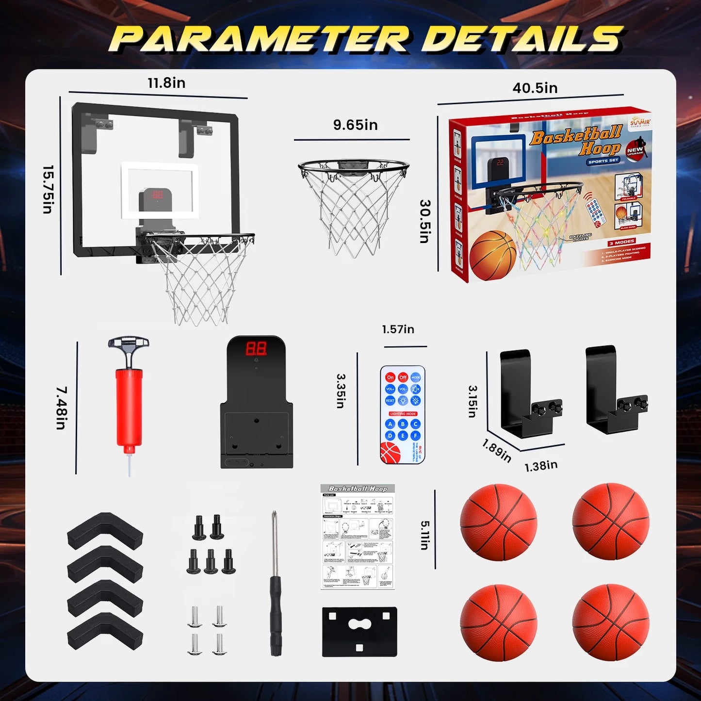 Mini Basketball Hoop for Kids，Led Light-Up Net & Electronics Scoreboard, Remote-Controlled Indoor Basketball Hoop for Wall with 4 Balls, Outdoor Kids Toys for Ages 5 to 13 , Black&Whit