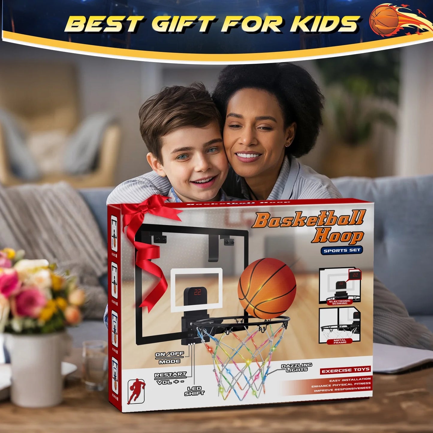 Mini Basketball Hoop for Kids，Led Light-Up Net & Electronics Scoreboard, Remote-Controlled Indoor Basketball Hoop for Wall with 4 Balls, Outdoor Kids Toys for Ages 5 to 13 , Black&Whit