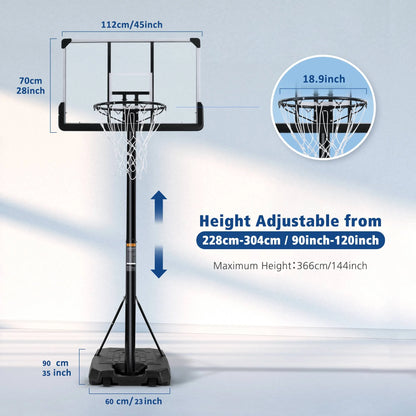 44In Portable Basketball Hoop with Height Adjustable 6 Ft to 10 Ft, Large Backboard, Base and Wheels, Basketball Goals for Teenagers Adults Indoor Outdoor Use