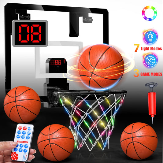 Mini Basketball Hoop for Kids，Led Light-Up Net & Electronics Scoreboard, Remote-Controlled Indoor Basketball Hoop for Wall with 4 Balls, Outdoor Kids Toys for Ages 5 to 13 , Black&Whit