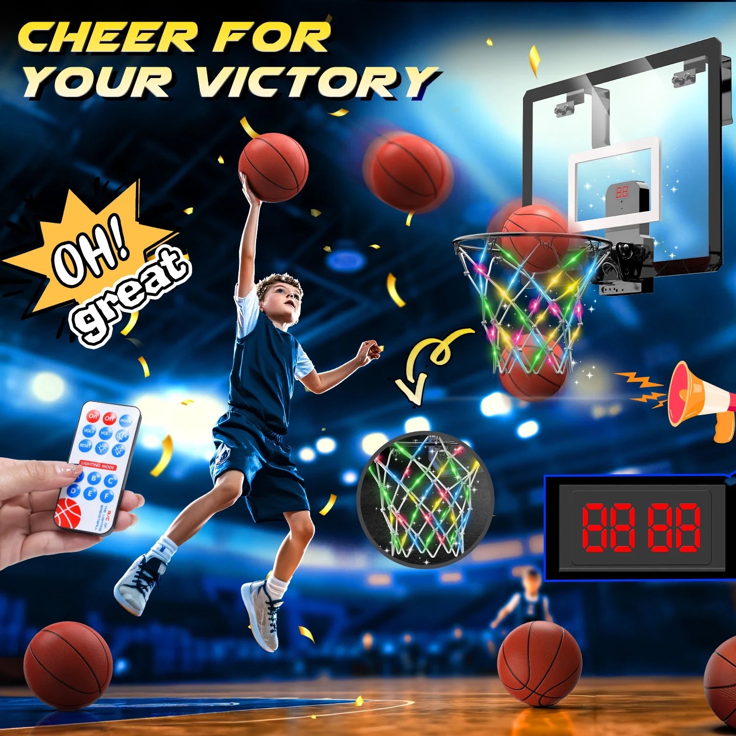 Mini Basketball Hoop for Kids，Led Light-Up Net & Electronics Scoreboard, Remote-Controlled Indoor Basketball Hoop for Wall with 4 Balls, Outdoor Kids Toys for Ages 5 to 13 , Black&Whit